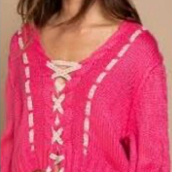 New POL Pink Lace-Up Women's Sweater - Picture 1 of 5
